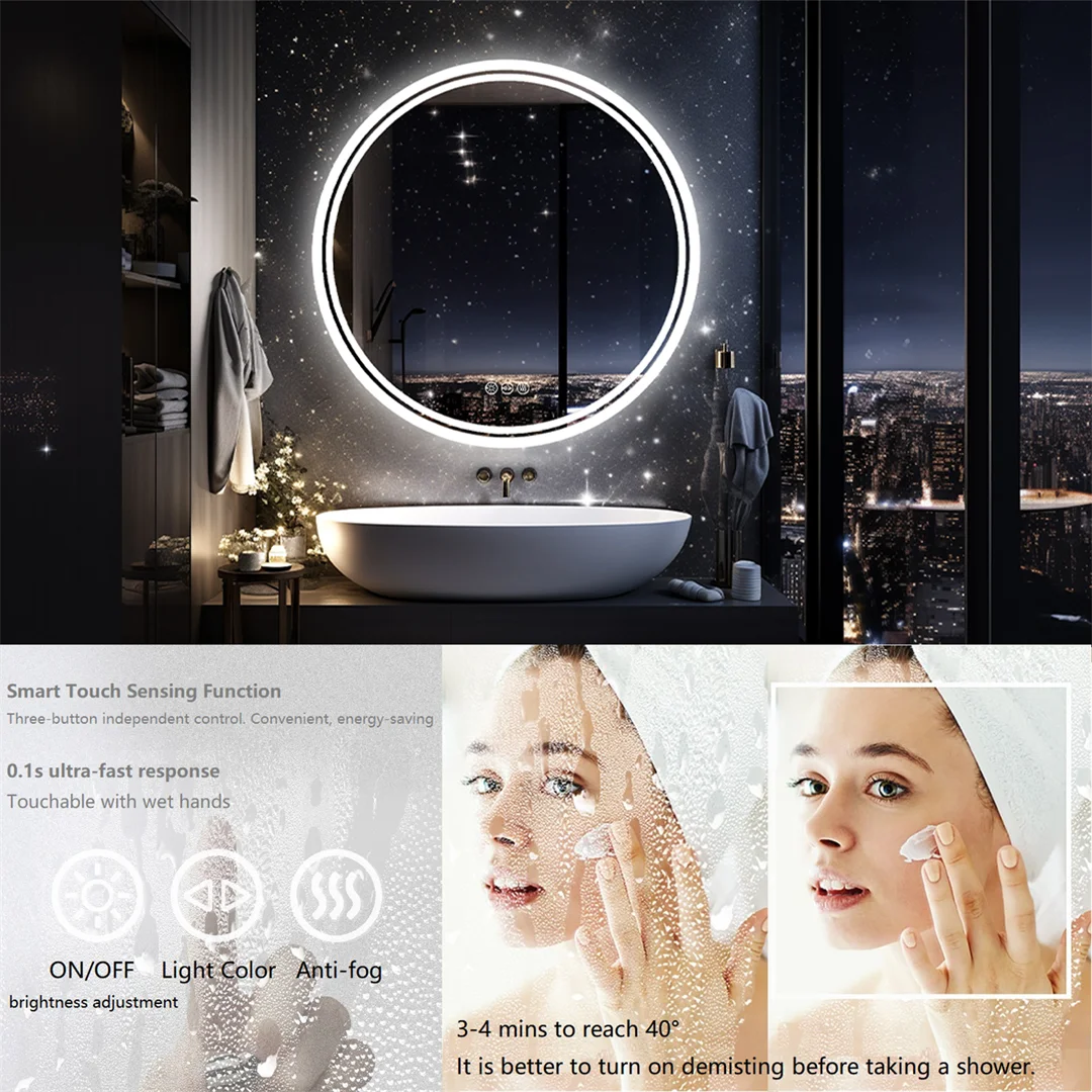 Round LED Bathroom Mirror 24″ — Anti-Fog, Dimmable Halo