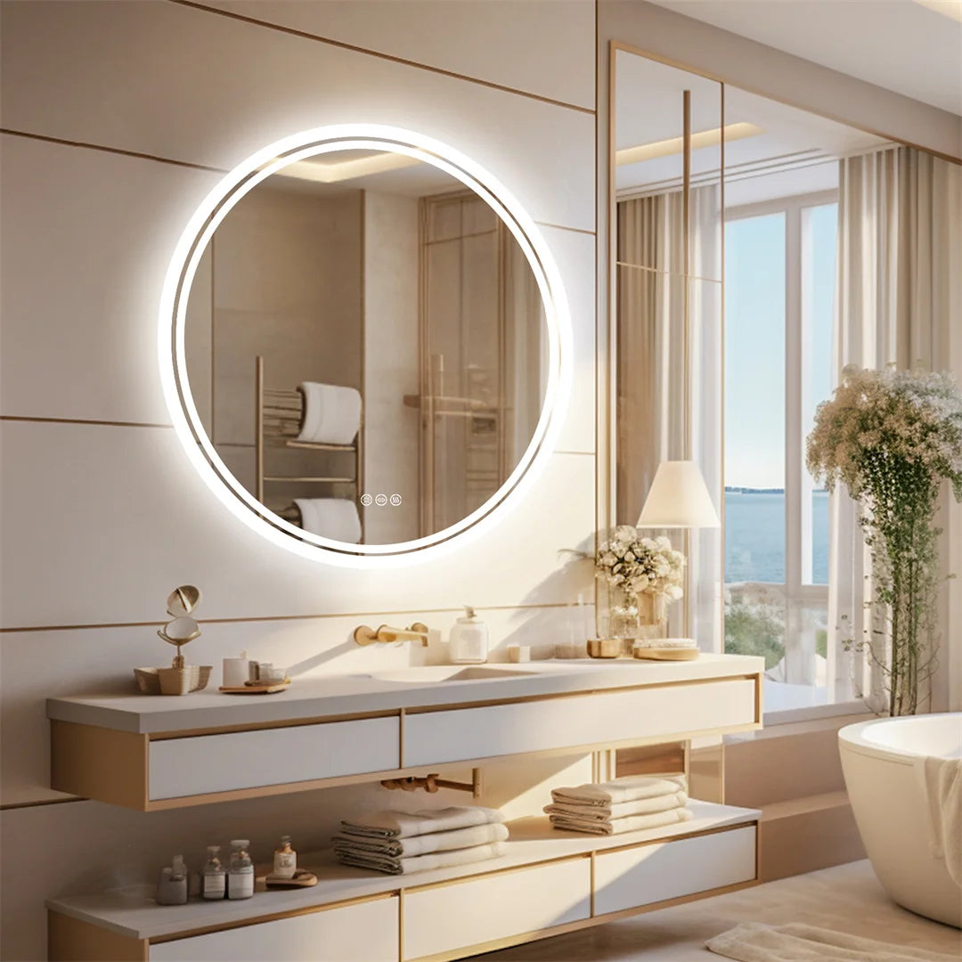 Round LED Bathroom Mirror 24″ — Anti-Fog, Dimmable Halo