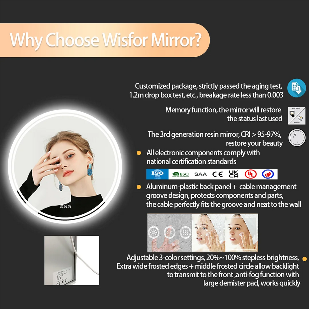 Round LED Bathroom Mirror 24″ — Anti-Fog, Dimmable Halo