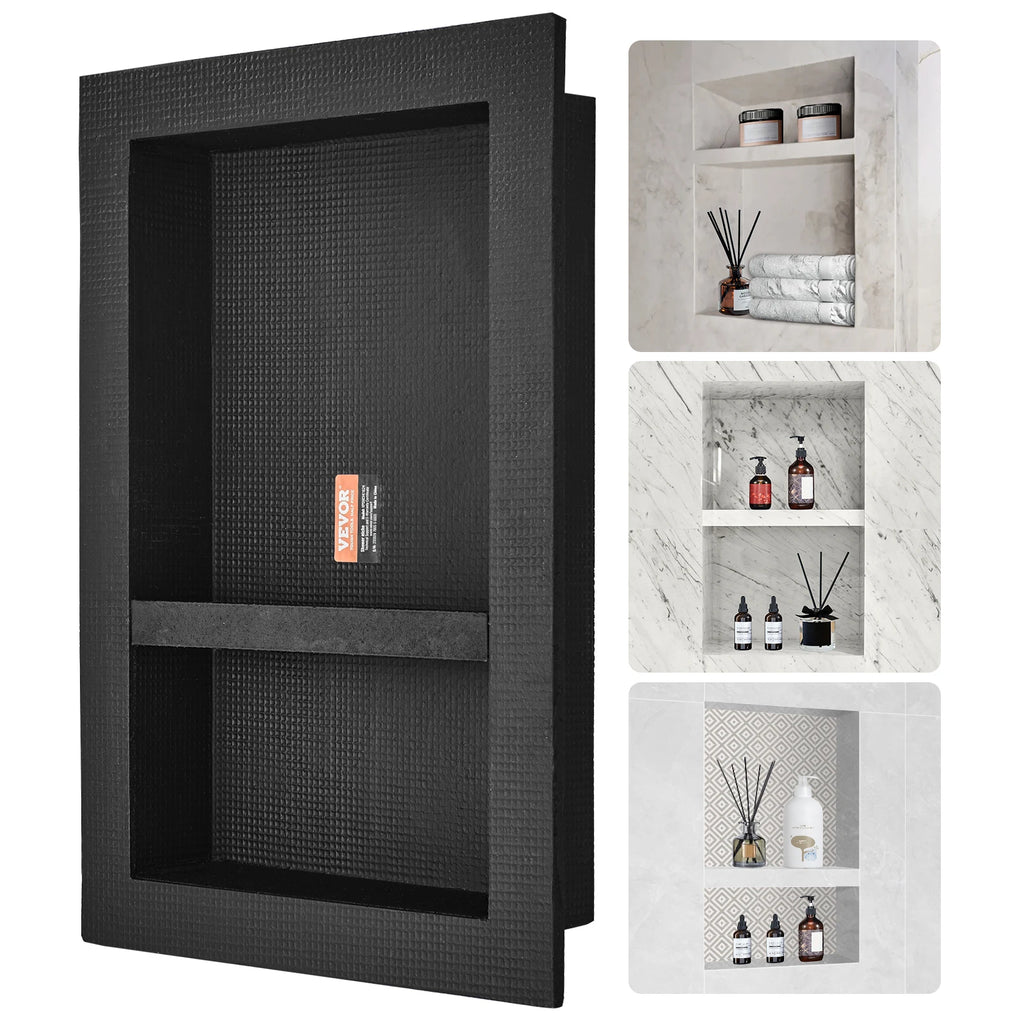 Black and white wall-mounted shelves with decorative items.
