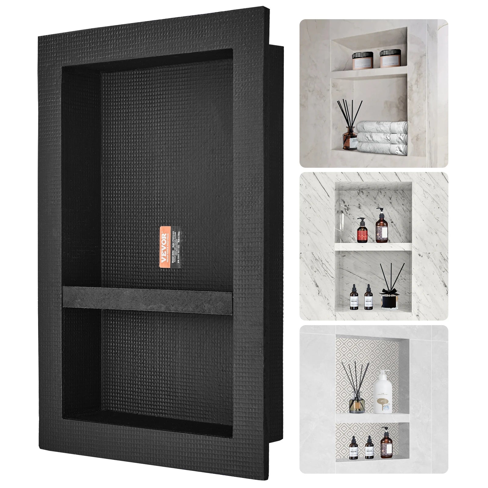 Black and white wall-mounted shelves with decorative items.